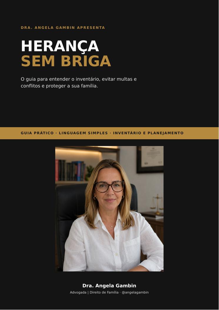 Capa do guia Herança Sem Briga, com a foto da Dra. Angela Gambin